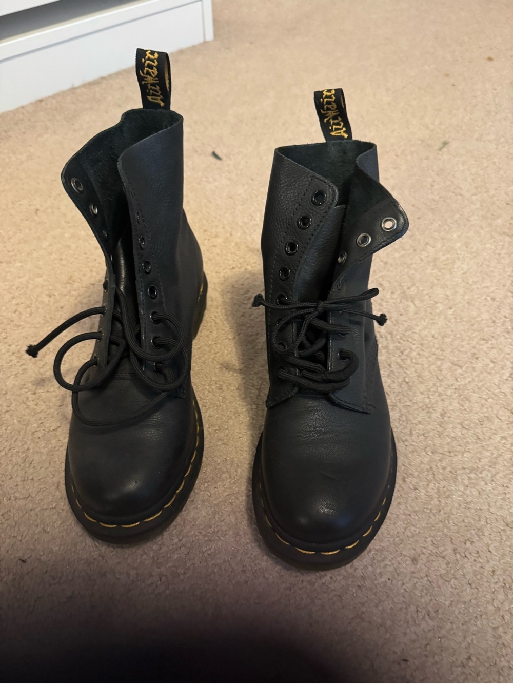 Dr. Martens Black Leather Lace-Up Boots with Yellow Stitching